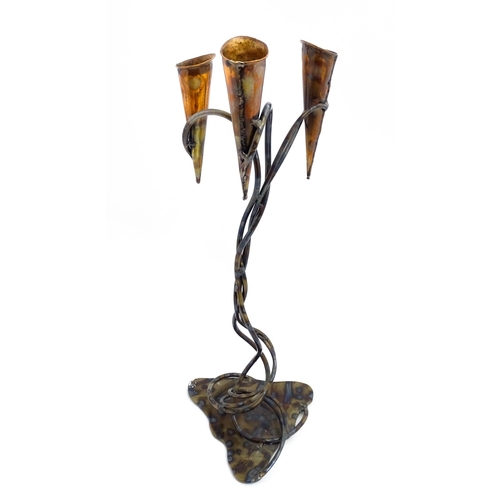 1514 - A 20thC Cornish Art Nouveau style centrepiece / candle holder by Paul Hoskin with three copper branc... 