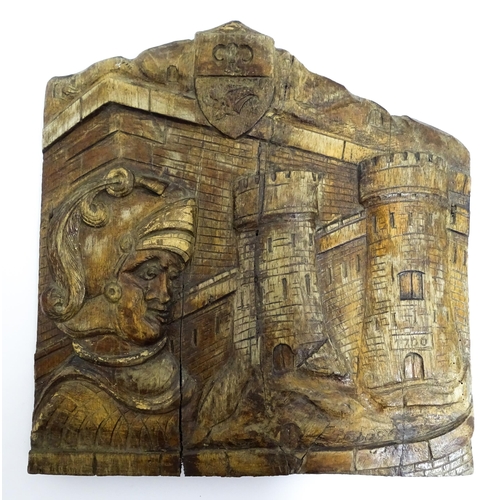 1529 - A 20thC carved folk art oak panel depicting a naive Roman soldier before a castle with turrets, bear... 