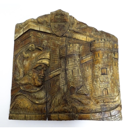 1529 - A 20thC carved folk art oak panel depicting a naive Roman soldier before a castle with turrets, bear... 