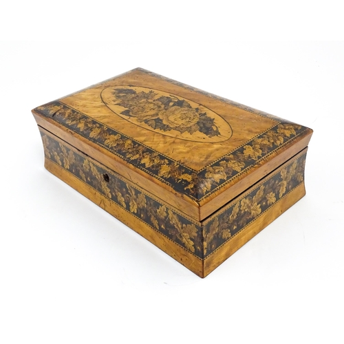 1446 - A Victorian Tunbridge ware box of waisted form with floral and foliate decoration. Approx. 9 3/4