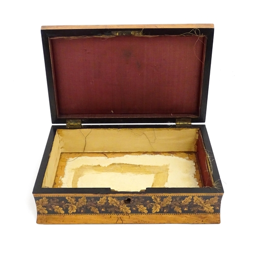 1446 - A Victorian Tunbridge ware box of waisted form with floral and foliate decoration. Approx. 9 3/4