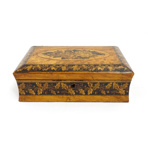 1446 - A Victorian Tunbridge ware box of waisted form with floral and foliate decoration. Approx. 9 3/4