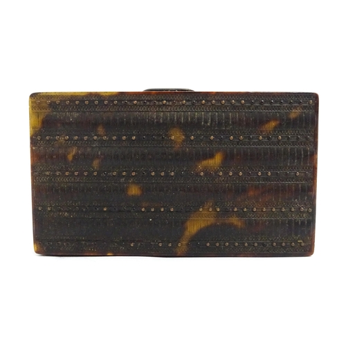 1449 - A late 19thC tortoiseshell table snuff box with engraved banded decoration to top and bottom. Approx... 