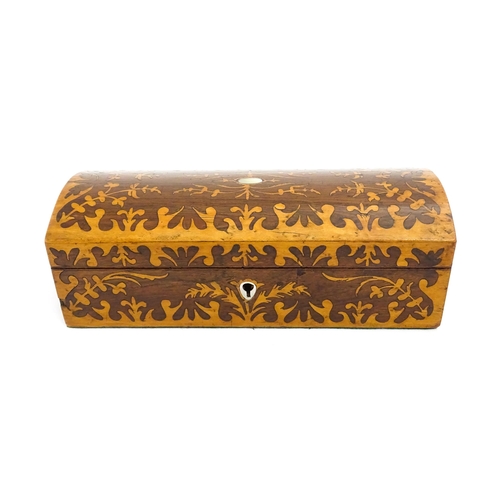 1454 - A 20thC walnut glove box with inlaid foliate marquetry decoration, and mother of pearl escutcheon. W... 