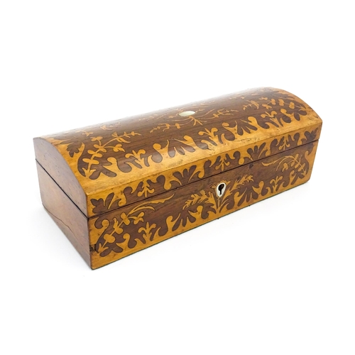 1454 - A 20thC walnut glove box with inlaid foliate marquetry decoration, and mother of pearl escutcheon. W... 