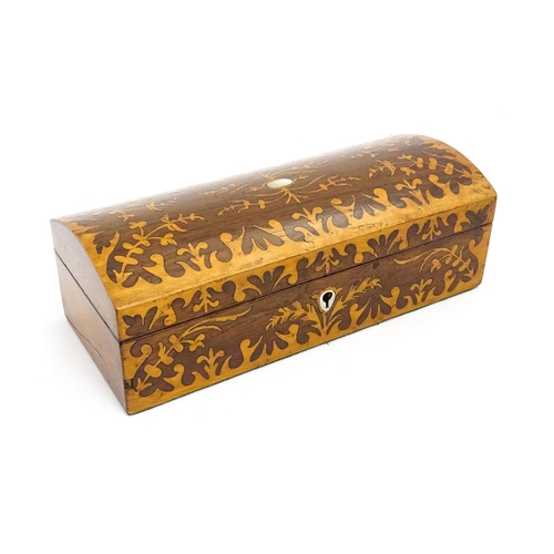 1454 - A 20thC walnut glove box with inlaid foliate marquetry decoration, and mother of pearl escutcheon. W... 