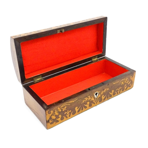 1454 - A 20thC walnut glove box with inlaid foliate marquetry decoration, and mother of pearl escutcheon. W... 