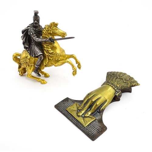 1464 - A late 19th / early 20thC bronze and gilt bronze sculpture modelled as a knight on horseback. Togeth... 