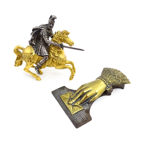 1464 - A late 19th / early 20thC bronze and gilt bronze sculpture modelled as a knight on horseback. Togeth... 