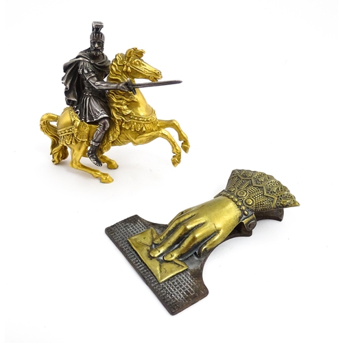 1464 - A late 19th / early 20thC bronze and gilt bronze sculpture modelled as a knight on horseback. Togeth... 