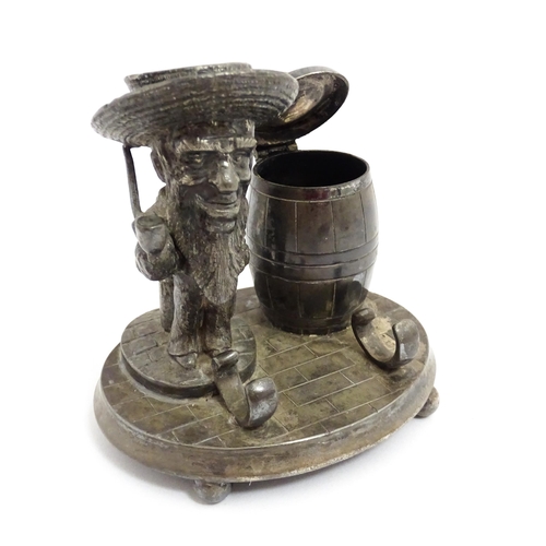 1474 - A 20thC novelty silver plate standish / inkstand comprising inkwell of barrel form, a figural candle... 