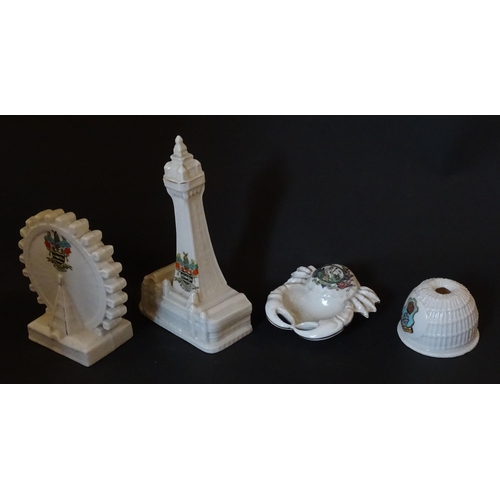 188 - Four items of Crested china comprising a W. H. Goss Model of a Lobster Trap for Lowestoft, an Arcadi... 