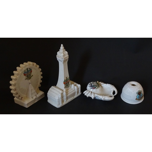 188 - Four items of Crested china comprising a W. H. Goss Model of a Lobster Trap for Lowestoft, an Arcadi... 