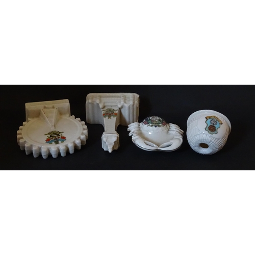 188 - Four items of Crested china comprising a W. H. Goss Model of a Lobster Trap for Lowestoft, an Arcadi... 