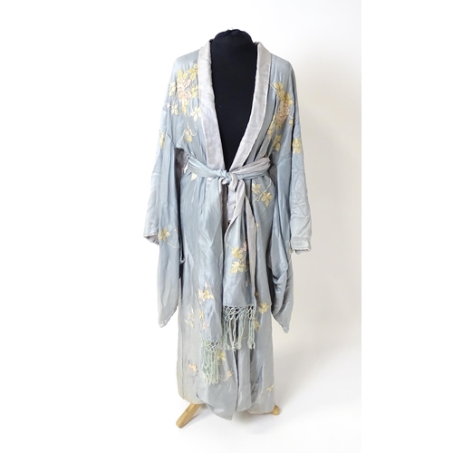 1192 - Vintage fashion / clothing: A pale blue and grey silk Kimono with embroidered floral and foliate det... 