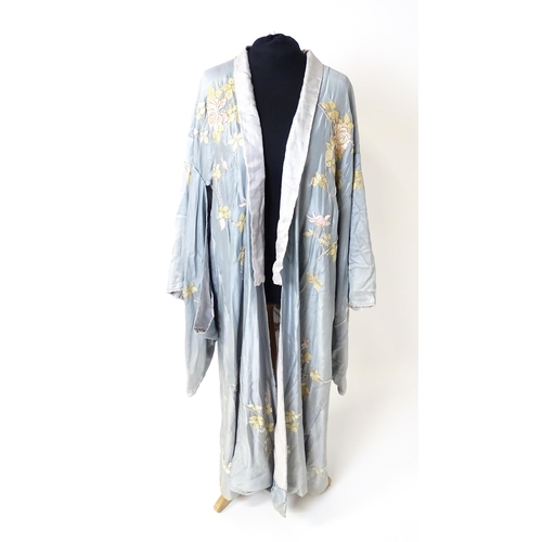 1192 - Vintage fashion / clothing: A pale blue and grey silk Kimono with embroidered floral and foliate det... 