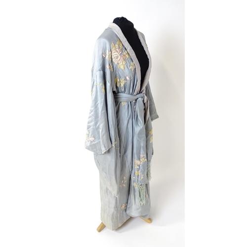 1192 - Vintage fashion / clothing: A pale blue and grey silk Kimono with embroidered floral and foliate det... 