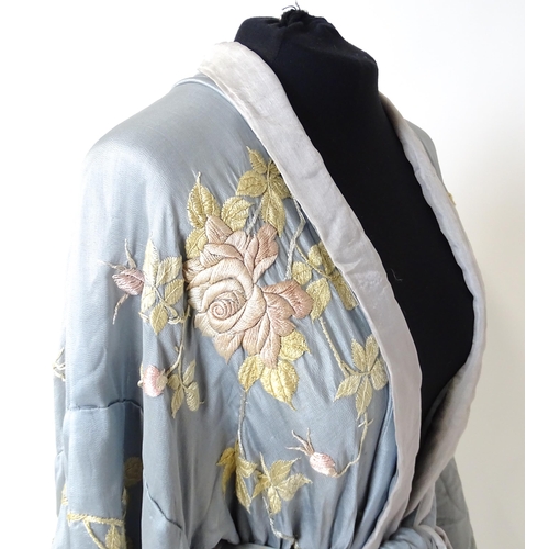 1192 - Vintage fashion / clothing: A pale blue and grey silk Kimono with embroidered floral and foliate det... 