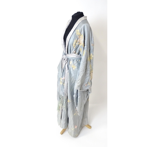 1192 - Vintage fashion / clothing: A pale blue and grey silk Kimono with embroidered floral and foliate det... 