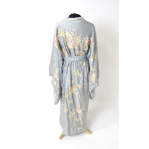 1192 - Vintage fashion / clothing: A pale blue and grey silk Kimono with embroidered floral and foliate det... 