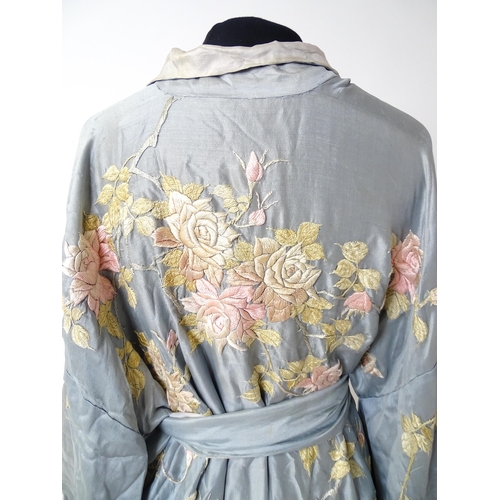 1192 - Vintage fashion / clothing: A pale blue and grey silk Kimono with embroidered floral and foliate det... 