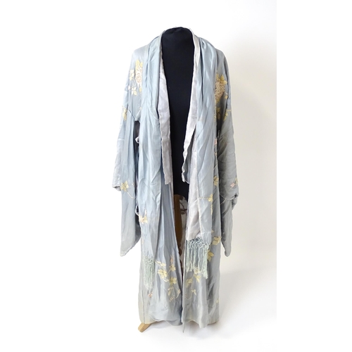 1192 - Vintage fashion / clothing: A pale blue and grey silk Kimono with embroidered floral and foliate det... 