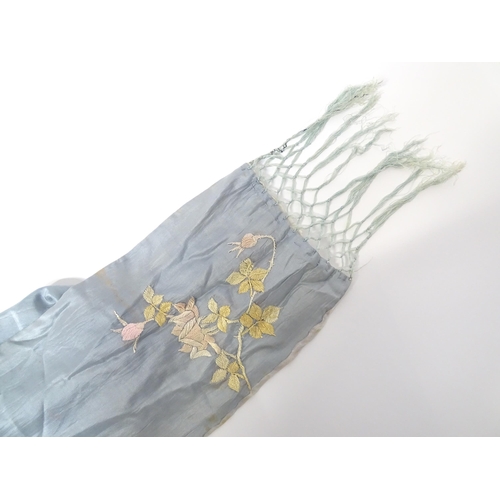 1192 - Vintage fashion / clothing: A pale blue and grey silk Kimono with embroidered floral and foliate det... 