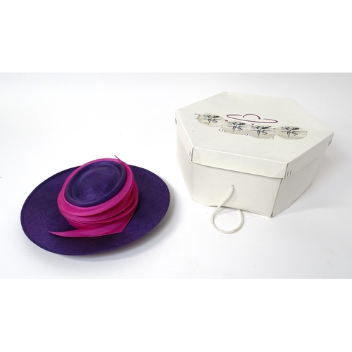 1196 - Vintage fashion / clothing: A Philip Treacy purple wide brim hat with pink swirl banding.