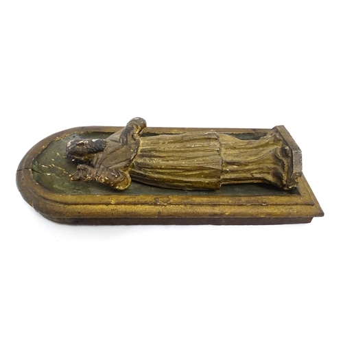 1545 - A late 19th / early 20thC carved wooden plaque depicting Saint Peter in an arched niche. Approx. 14 ... 