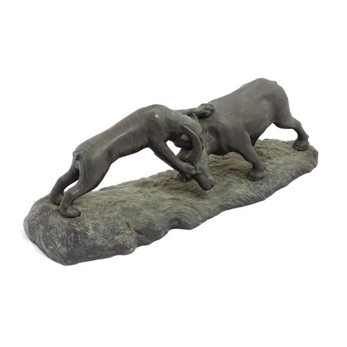 1555 - A Japanese bronze sculpture modelled as a tiger attacking a water buffalo. Approx. 25 1/2