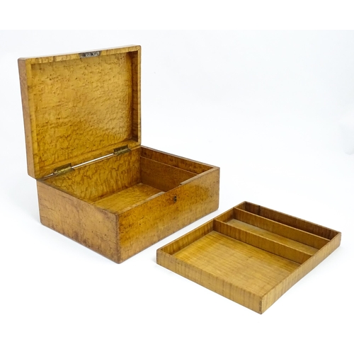 1557 - A 20thC birds eye maple box with hinged lid, with lift out tray within. Approx. 5 3/4