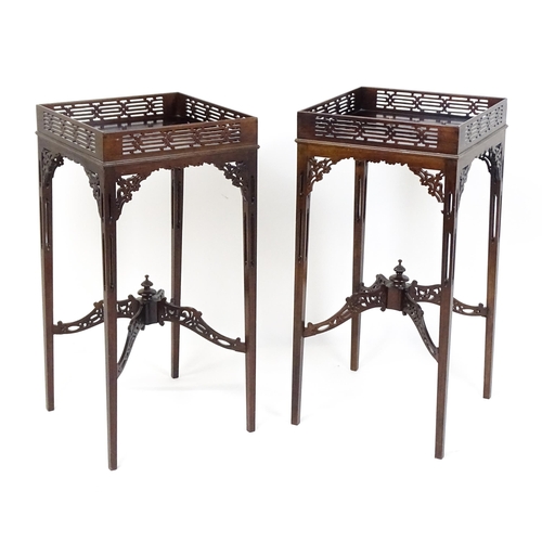 1711 - A pair of 19thC mahogany Chinese Chippendale side tables with pierced upstands above pierced apron b... 