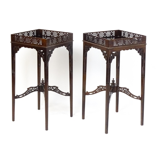 1711 - A pair of 19thC mahogany Chinese Chippendale side tables with pierced upstands above pierced apron b... 