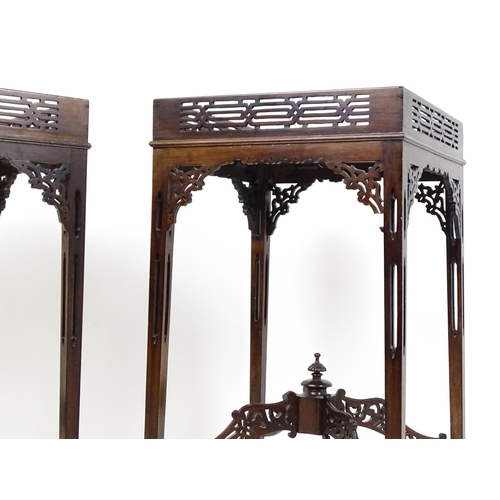 1711 - A pair of 19thC mahogany Chinese Chippendale side tables with pierced upstands above pierced apron b... 