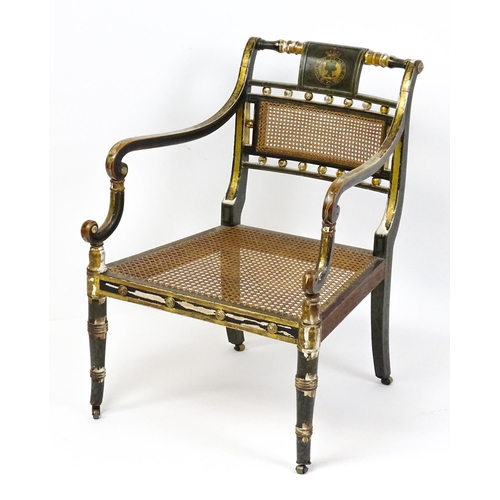 1761 - A Regency open armchair with a green painted and gilt finish. The chair having a painted armorial to... 