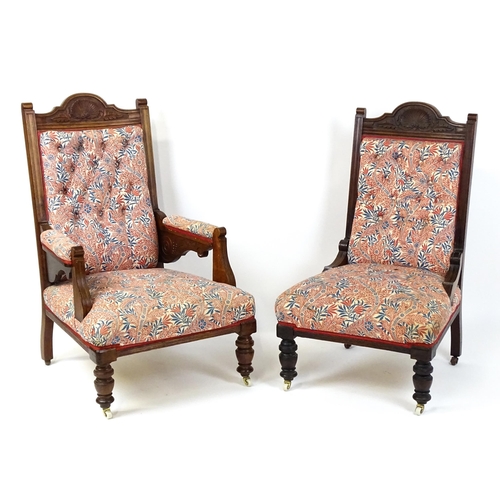 1858 - Two late 19thC / early 20thC chairs, both having shell carved cresting rails and chamfered frames, t... 