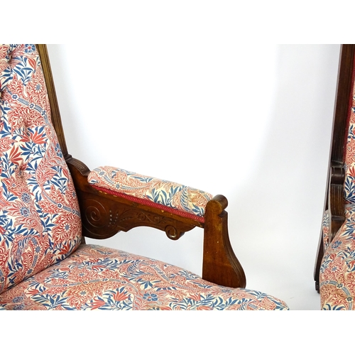 1858 - Two late 19thC / early 20thC chairs, both having shell carved cresting rails and chamfered frames, t... 