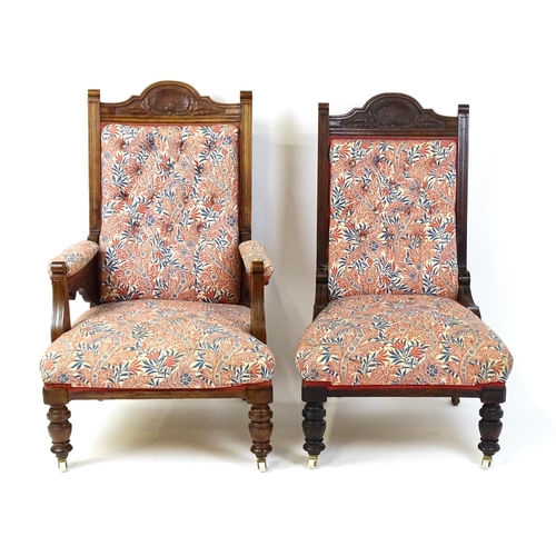 1858 - Two late 19thC / early 20thC chairs, both having shell carved cresting rails and chamfered frames, t... 