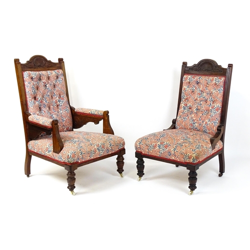 1858 - Two late 19thC / early 20thC chairs, both having shell carved cresting rails and chamfered frames, t... 