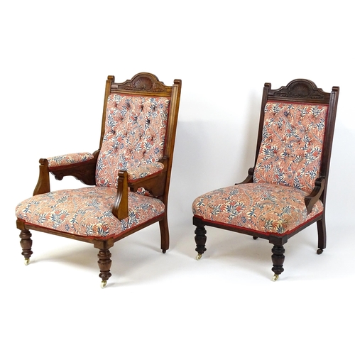 1858 - Two late 19thC / early 20thC chairs, both having shell carved cresting rails and chamfered frames, t... 