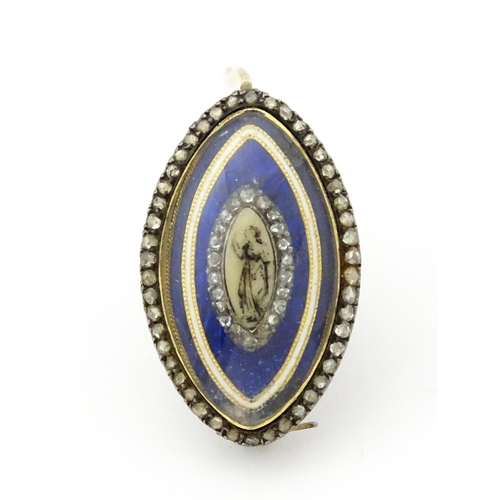 836 - A late 18th / early 19thC mourning brooch / memorial locket of navette form with hand painted sepia ... 