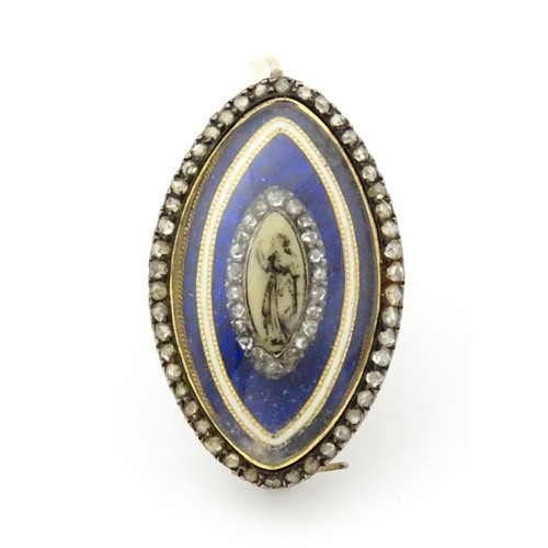 836 - A late 18th / early 19thC mourning brooch / memorial locket of navette form with hand painted sepia ... 