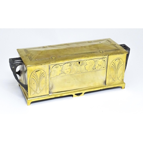 1200 - A WMF Art Nouveau brass casket / box with twin handles and hinged lid, decorated with four embossed ... 