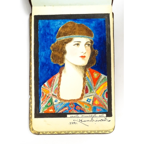 2465 - An early 20thC scrap album containing various ink and watercolour drawings, to include a portrait of... 