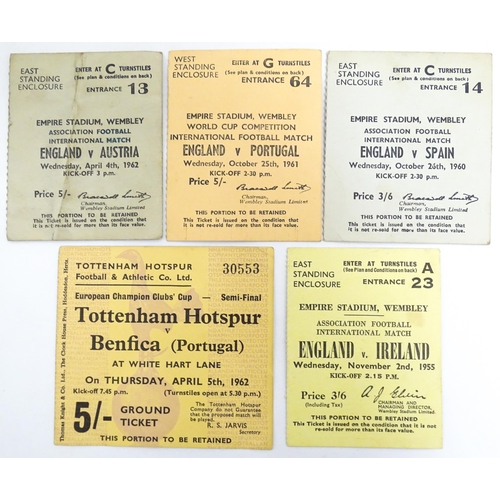 2471 - Five mid 20thC football match tickets, comprising England v. Ireland, Empire Stadium Wembley 2/11/19... 