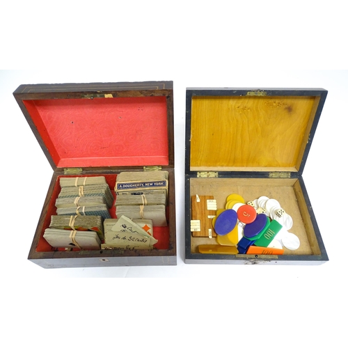 1176A - Toys: Two 20thC boxes with inlaid decoration containing assorted gaming components to include mother... 