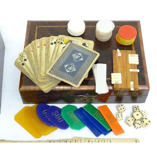 1176A - Toys: Two 20thC boxes with inlaid decoration containing assorted gaming components to include mother... 