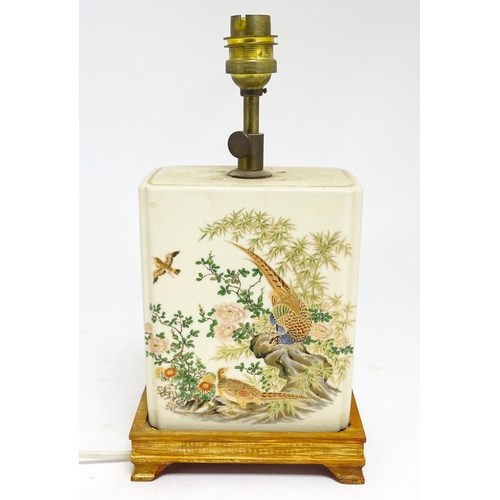 1692 - A 20thC table lamp the rectangular ceramic body decorated with pheasants and birds in a landscape. O... 