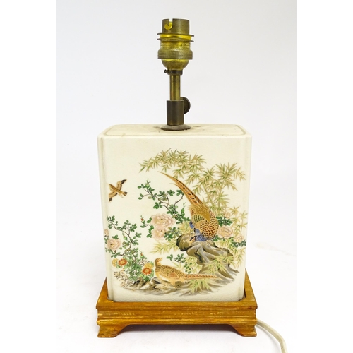 1692 - A 20thC table lamp the rectangular ceramic body decorated with pheasants and birds in a landscape. O... 