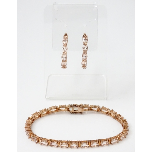 812 - A silver rose gilt bracelet set with morganite. Together with matching earrings. Bracelet approx. 7 ... 